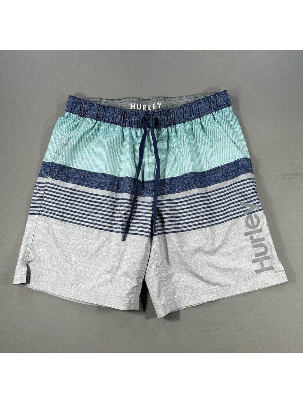 Hurley Swim Boardshorts Block Party Sz XL Blue Tropical Trunks Striped Sport